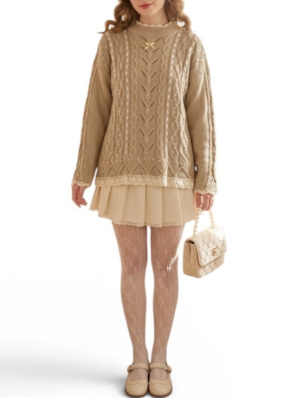 Vintage Honors Cottagecore Cable Knit Pearl Beaded Ribbon Sweater Medium